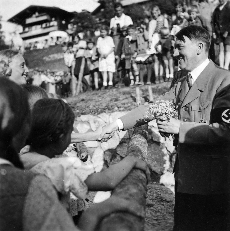 Private photo of Adolf Hitler greeting people who came to see him on the Obersalzberg